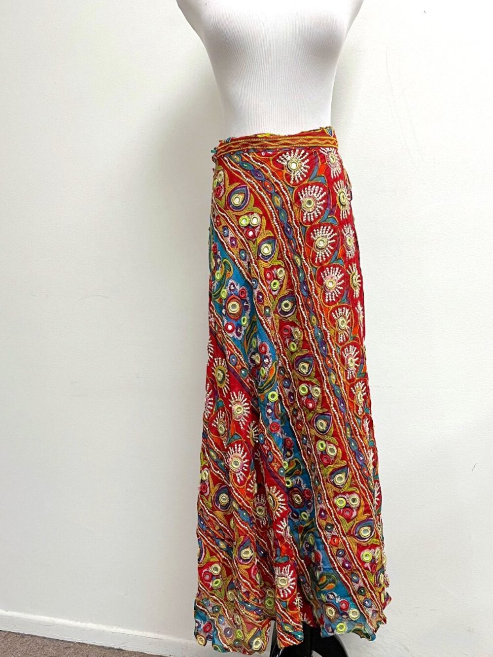 Soft Surroundings bohemian wrap maxi skirt beaded mirrors red gold L India - Picture 1 of 9
